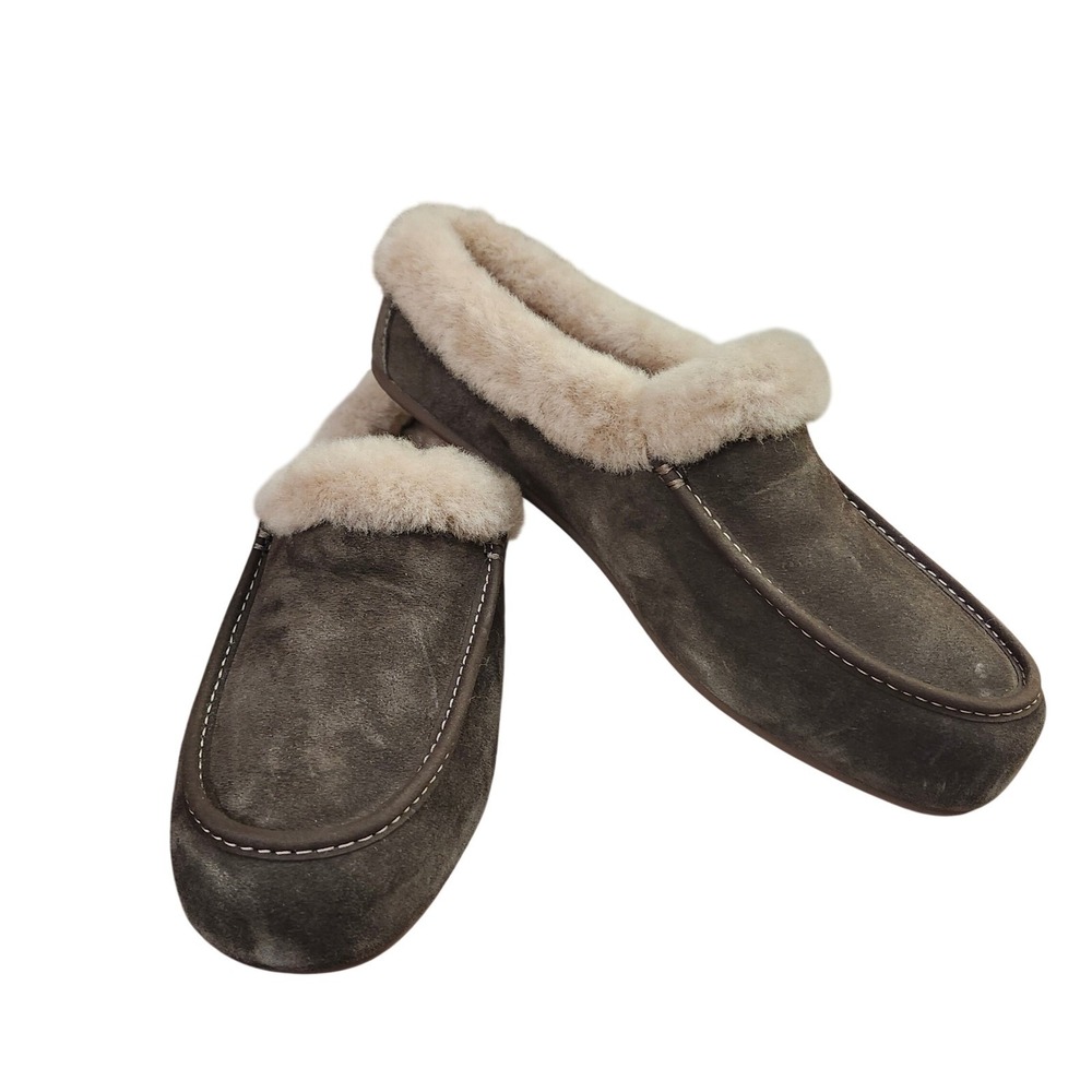 UGG Ascot Suede Slippers Mens 12 Charcoal Grey Sheepskin Loafers NEW